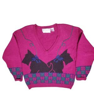 Vintage 80s 90s Portraits By Northern Isles Scottie Dog Knit V Neck Sweater Size
